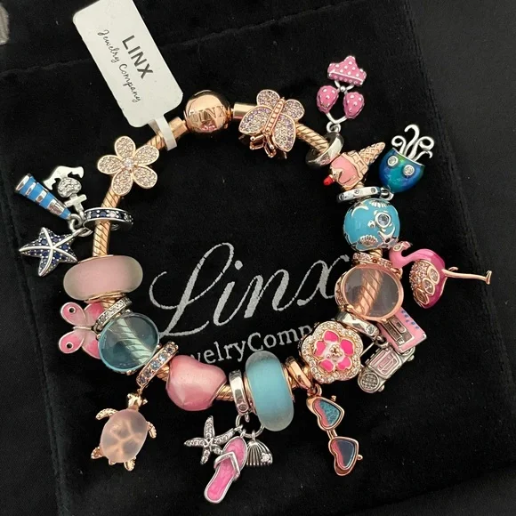 Linx Rose Gold Snake Chain Bracelet with Beach and Summer Themed Charms